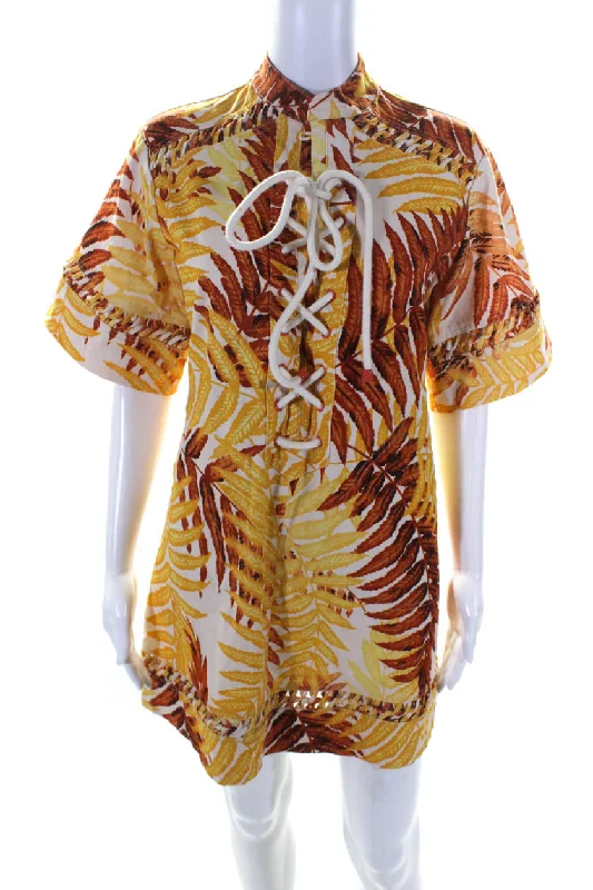 Super Deal Alemais Womens Yellow Cotton Floral Lace Up Short Sleeve Shift Dress