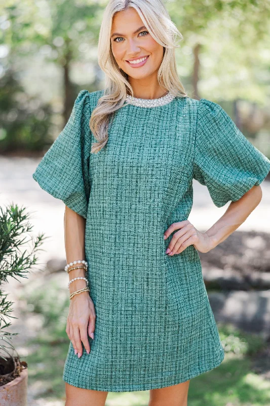 Big Savings Calling On You Green Shift Tweed Dress