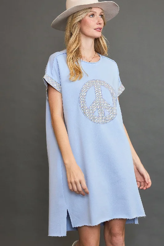 Super Bargain Umgee Peace Plaid Applique Short Sleeve Mini Dress