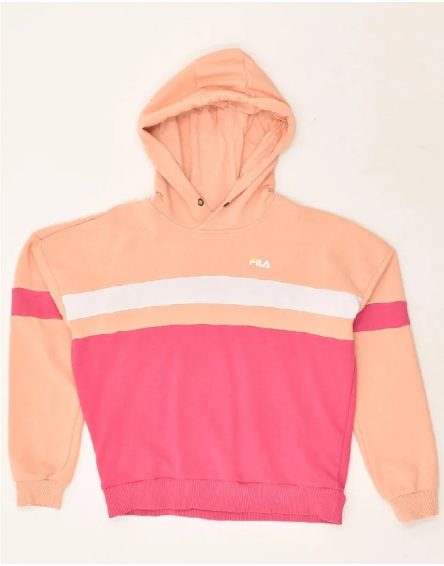 Stock Clearance FILA Womens Graphic Hoodie Jumper UK 10 Small Pink Colourblock Cotton