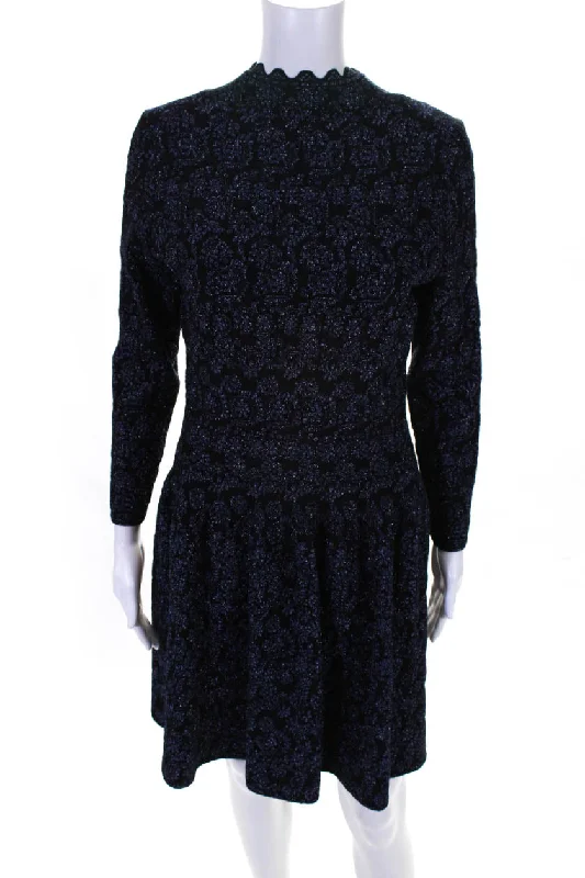 Bargain Bin Alaia Womens Iris Lux Embroidered A-Line Dress Black Dark Blue