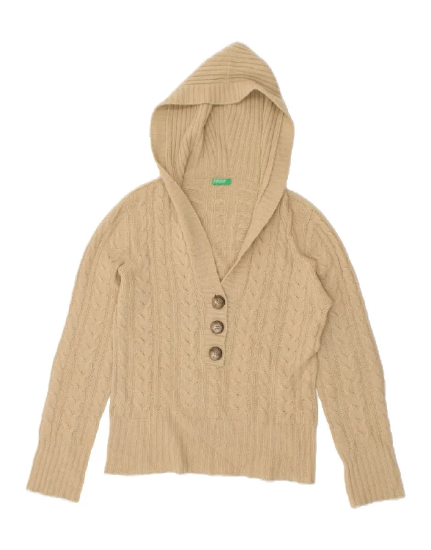 Major Savings BENETTON Womens Hooded V-Neck Jumper Sweater UK 14 Medium Beige Wool