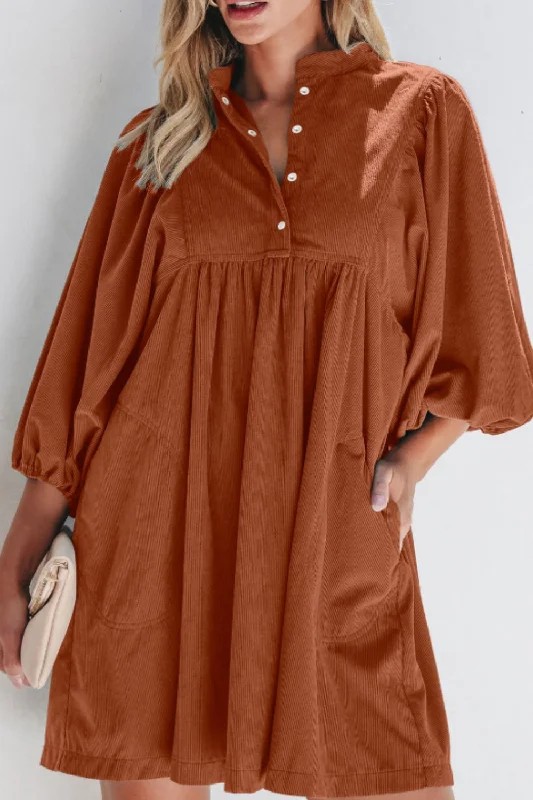 Big Discounts Corduroy Quarter Snap Three-Quarter Sleeve Dress