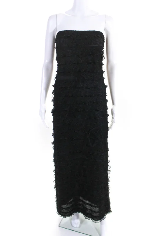 Now or Never Alexis Womens Knit Ruffle Mesh Strapless Midi Sheath Dress Black