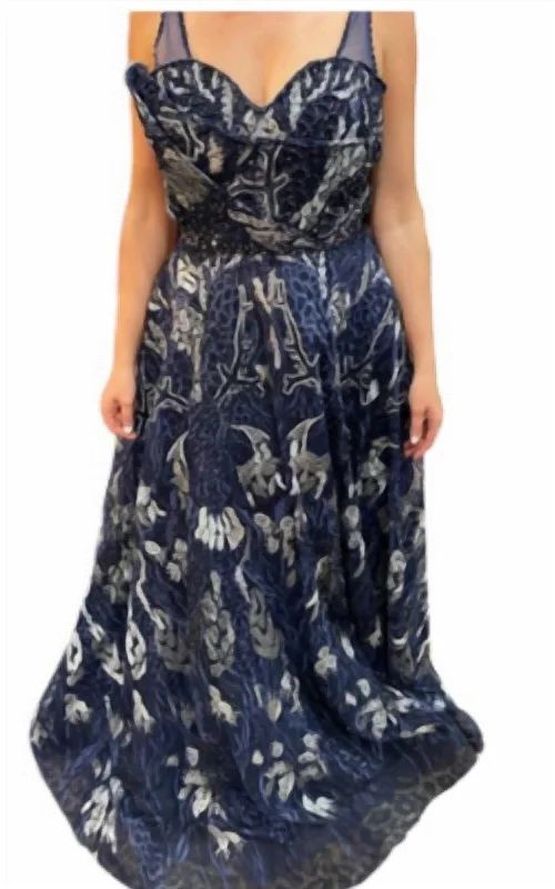 Price Buster Beaded And Lace Applique Ballgown In Navy