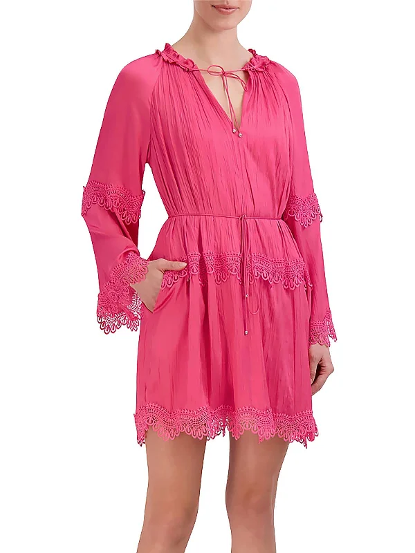 Deal Frenzy Womens Mini Crochet Trim Shift Dress