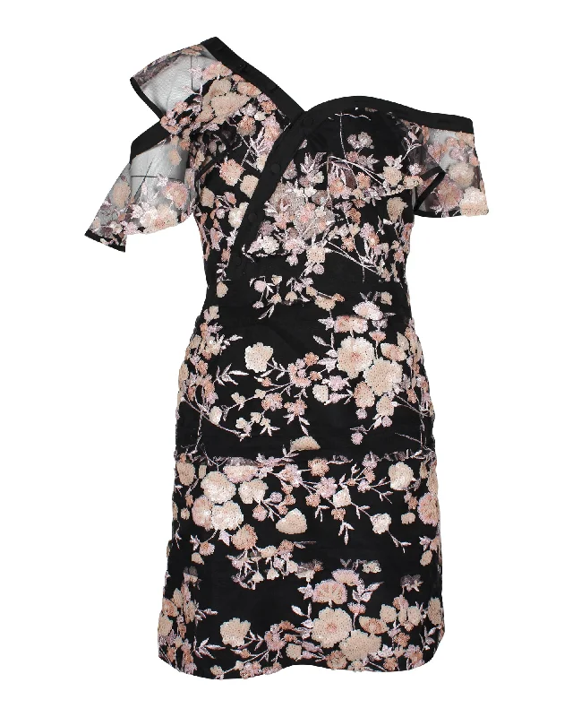 Special Savings Self-Portrait Floral Asymmetric Sleeve Mini Dress in Black Polyester