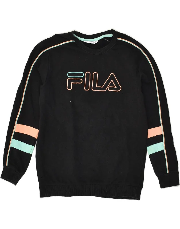 Online Only FILA Womens Graphic Sweatshirt Jumper UK 6 XS Black Cotton