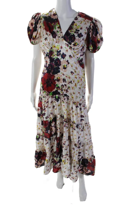 Price Reduction Rodarte Womens Puff Sleeve Floral Print Long Dress Silk Multicolor 4