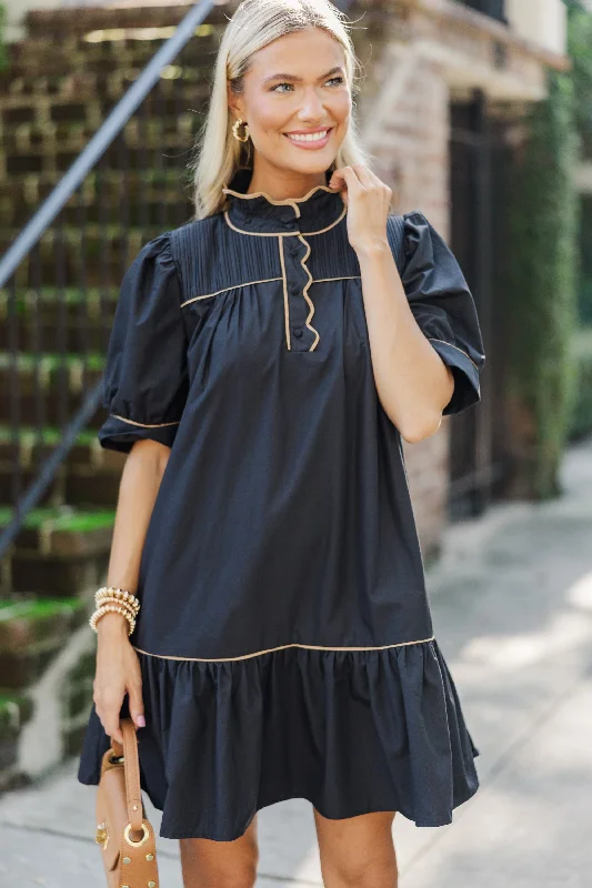 Stock Clearance Smile On Your Face Black Drop Waist Dress