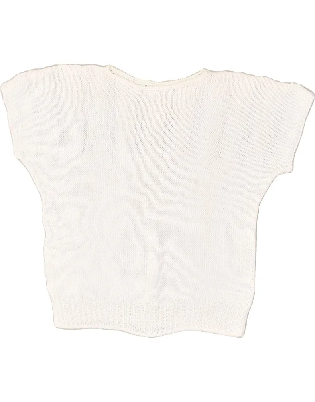 Don't Wait VINTAGE Womens Short Sleeve Crew Neck Jumper Sweater UK 14 Large White