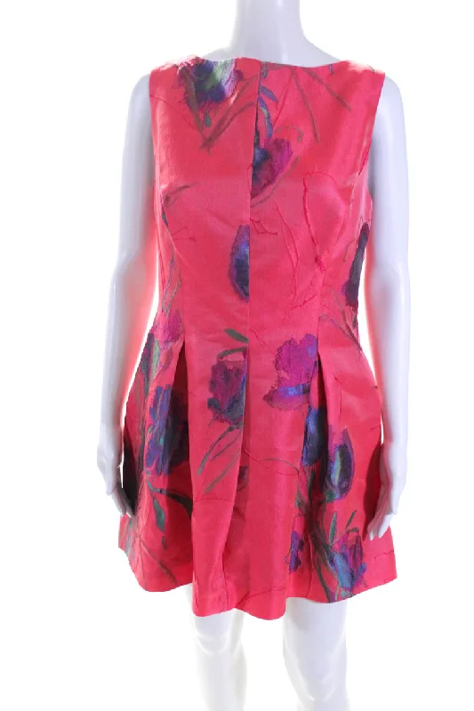 Price Cut Lela Rose Womens Red Crepe Floral Crew Neck Sleeveless Fit & Flare Dress