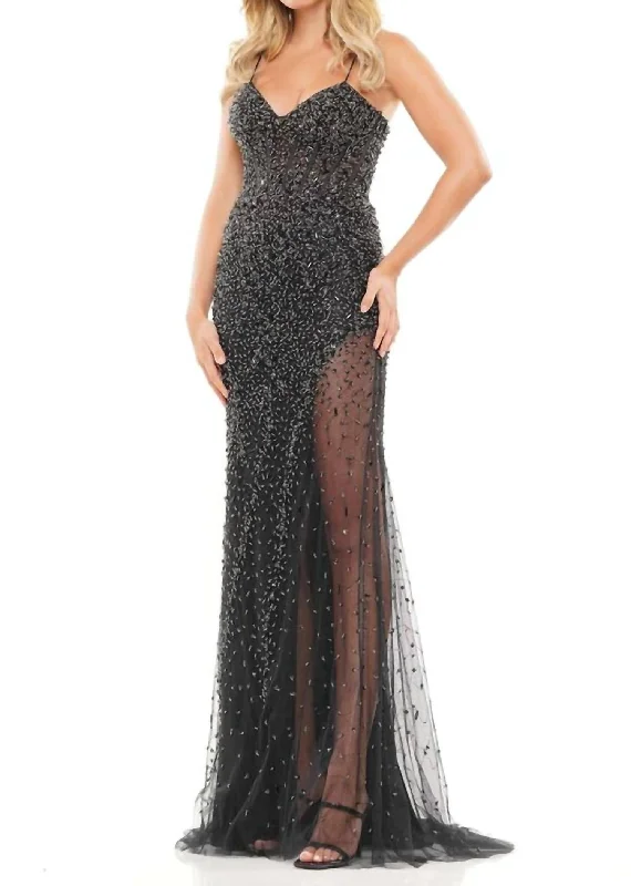 Year-End Sale Embellished Sheer Overlay Evening Gown In Black