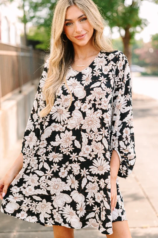 Don’t Miss Out Loud And Clear Black Floral Bubble Sleeve Dress