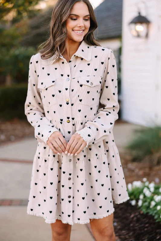 Epic Deals Just So You Oatmeal Brown Heart Print Babydoll Dress