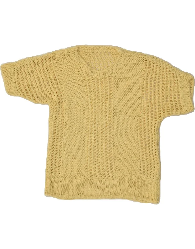 Super Sale VINTAGE Womens Short Sleeve Crew Neck Jumper Sweater UK 12 Medium Yellow