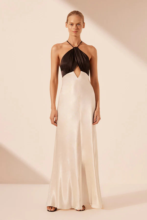 Discount Mania Shona Joy - Lino Cross Back Halter Maxi Dress - Cream/Black