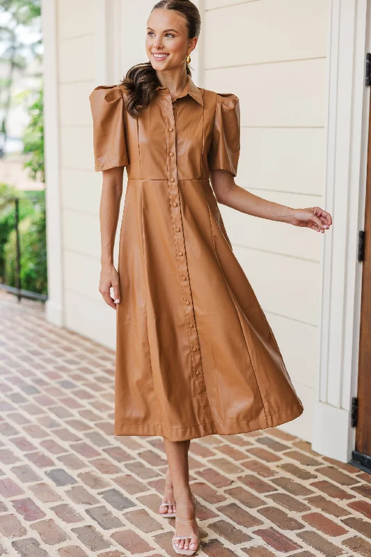 Fantastic Deals Take It As It Is Camel Brown Faux Leather Midi Dress