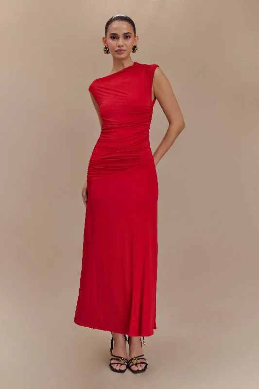 Sneak Peek Sale Navanna Asymmetric Slinky Midi Dress - Red
