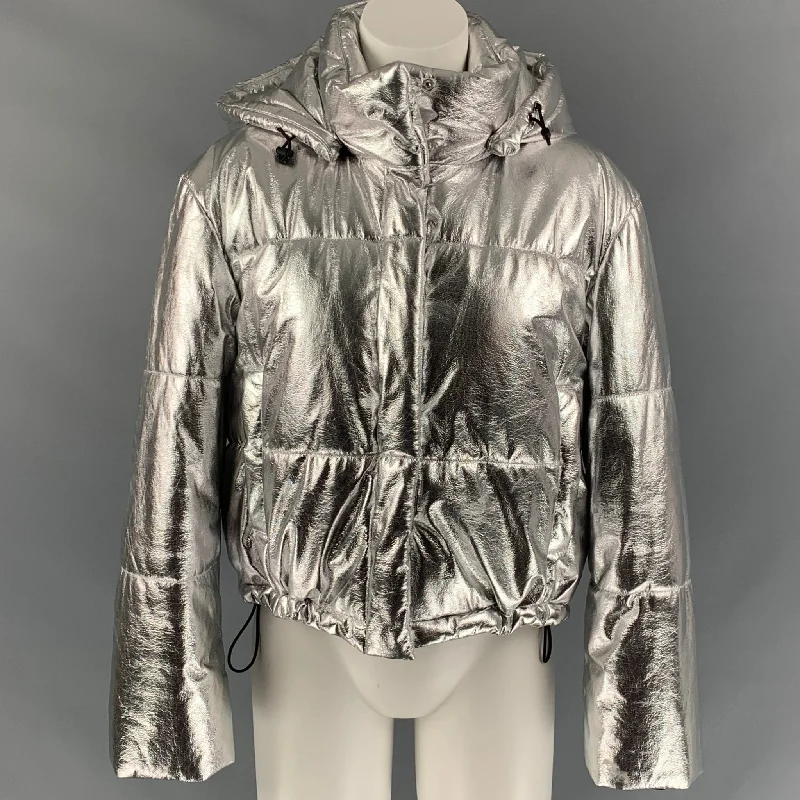 Stock Clearance MSGM Size 2 Silver Polyester Quilted Detachable Hood Jacket