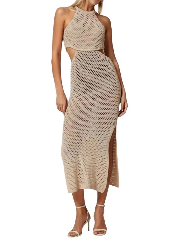 Midnight Madness Long Linen Blend Mesh Dress In Beige