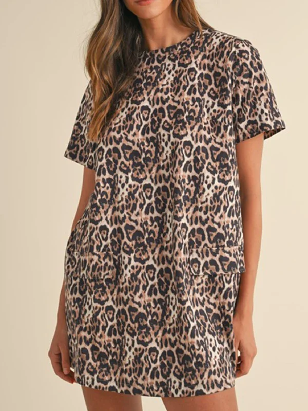 Online Only Leopard Round Neck Short Sleeve Mini Dress