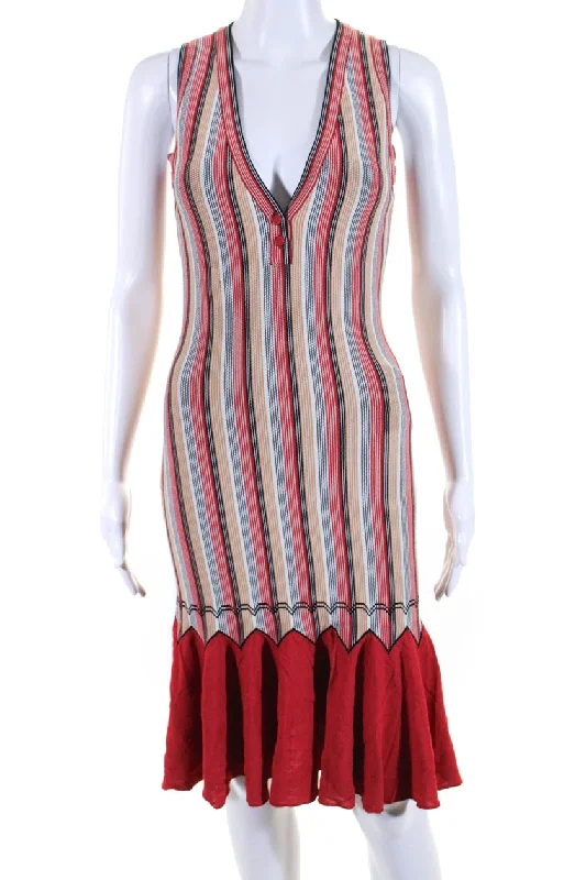 Huge Discounts Alaia Womens Striped V Neck Body Con Sleeveless Dress Multi Colored
