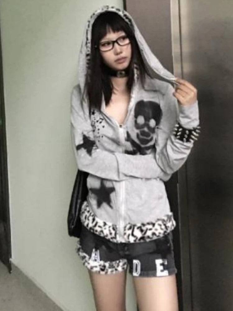 Discount Deals Lunivop Japanese Punk Skull Print Hoodie Coats Streetwear Vintage Rabbit's Ears Slim Sweatshirts Y2k Aesthetic Casual Patchwork Hoodies