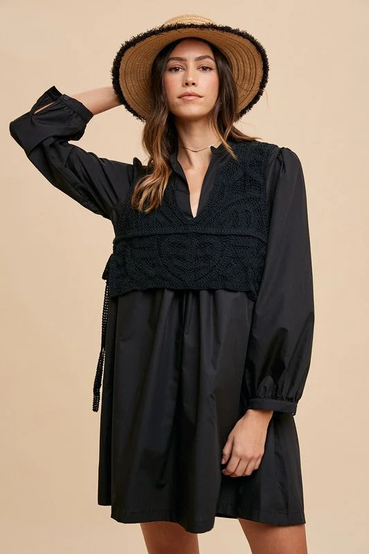 Deal of the Day Annie Wear Crochet Vest Notched Long Sleeve Shirt Dress