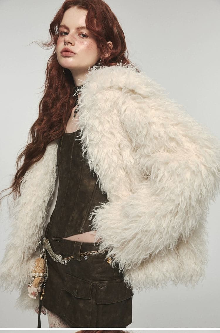 Big Discounts Fluffy Long Lapel Solid Color Versatile Eco-Fur Coat