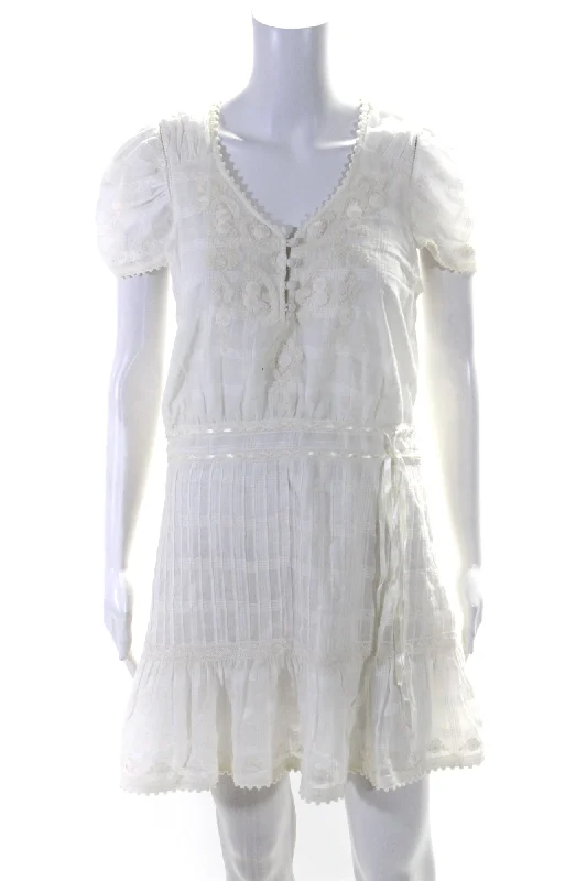 Bargain Bin Love Shack Fancy Womens V-Neck Short Sleeves Embroidered Mini Dress Cream