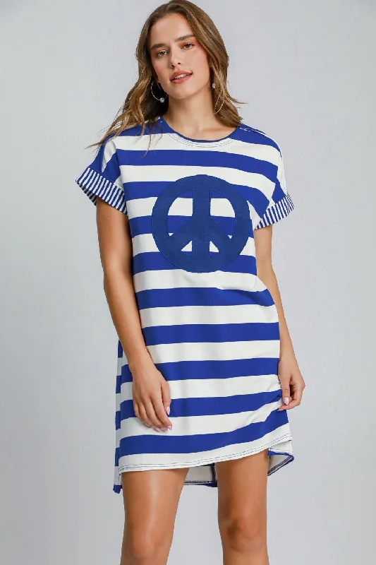 Daily Deals Umgee Peace Applique Striped Short Sleeve Mini Dress