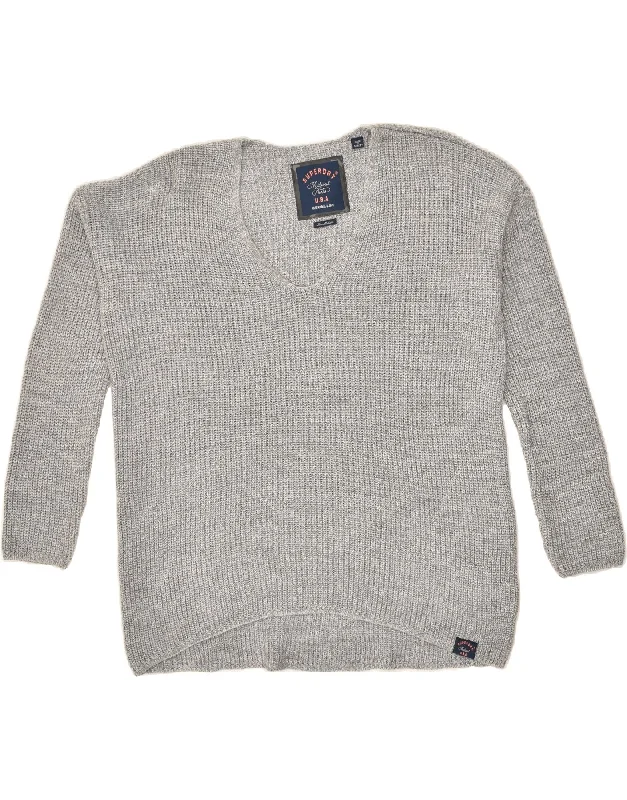 Midnight Madness SUPERDRY Womens Oversized V-Neck Jumper Sweater UK 14 Medium Grey Acrylic