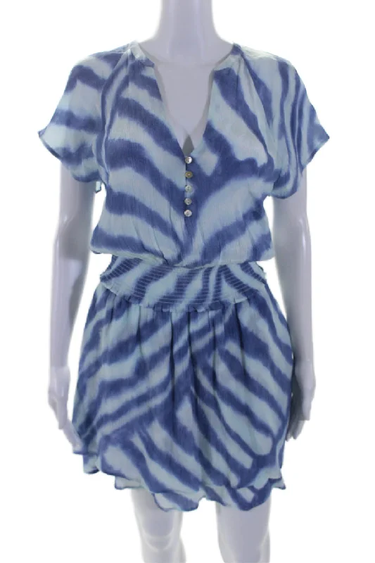 Can't Miss Rails Womens Striped Elastic Waist V-Neck Short Sleeve Mini Dress Blue