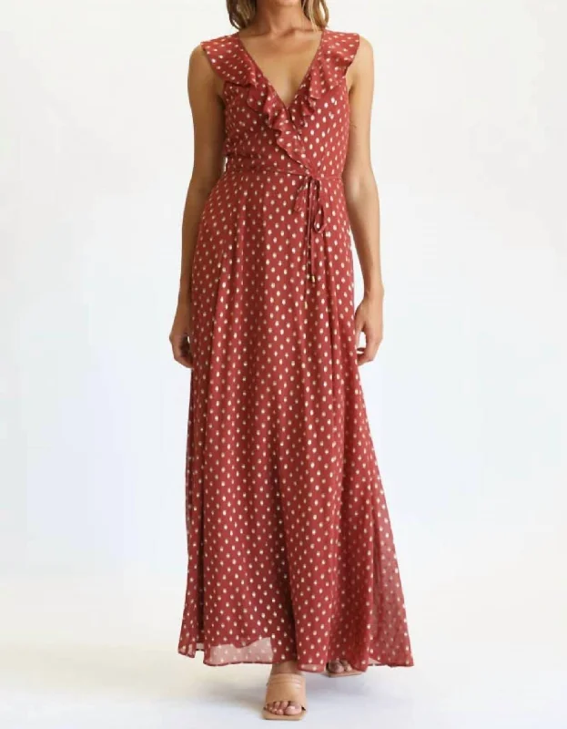 Overstock Polka Dot Ruffle Maxi Dress In Rust