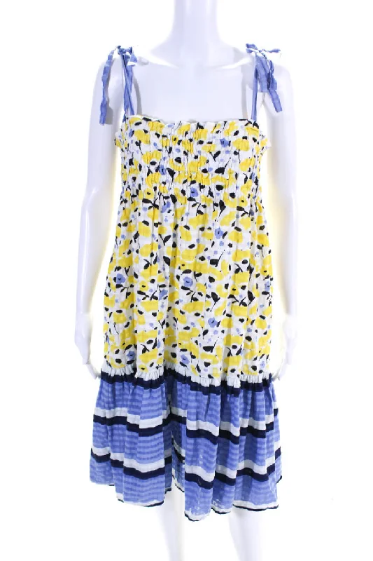 Inventory Reduction Tanya Taylor Womens Floral Print Smocked Square Neck Sundress Yellow Blue