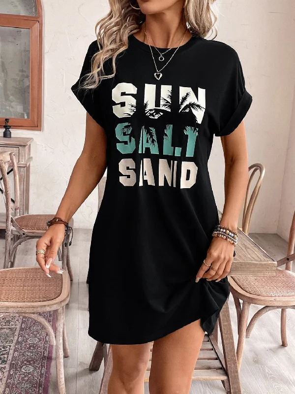 Amazing Deals Letter Graphic Round Neck Short Sleeve Mini Tee Dress