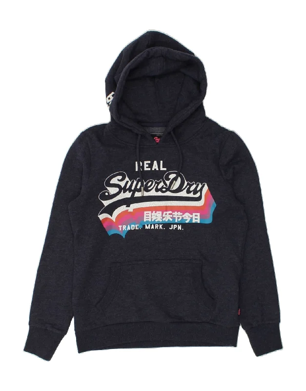 Deal of the Week SUPERDRY Womens Graphic Hoodie Jumper UK 12 Medium Navy Blue Cotton