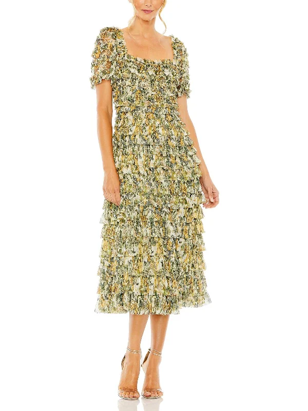 Markdowns Plus Womens Floral Square Neck Evening Dress