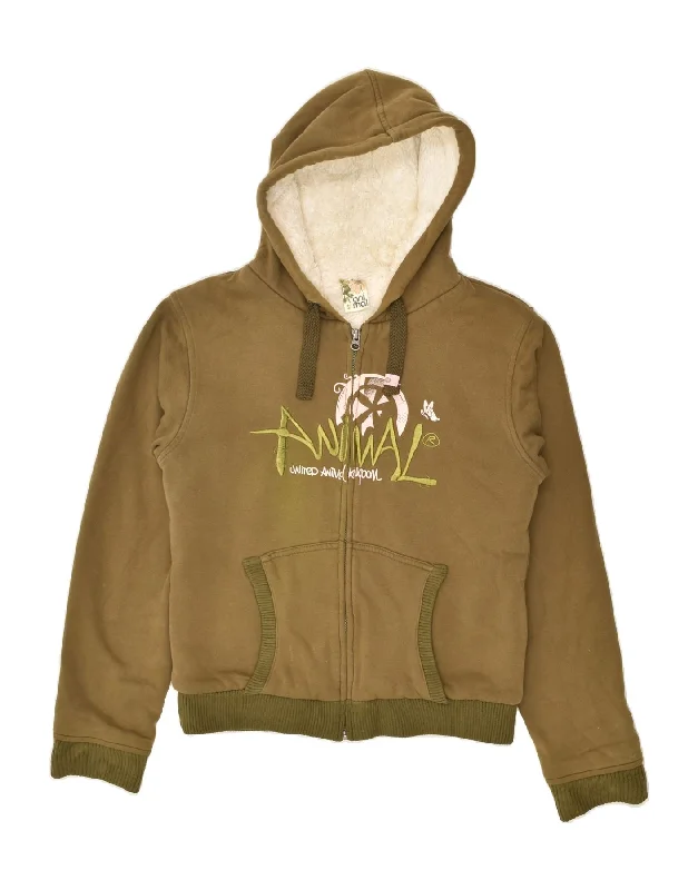 Fantastic Offers ANIMAL Womens Sherpa Graphic Zip Hoodie Sweater UK 14 Large Khaki Cotton