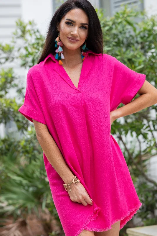 Online Only Shoot Your Shot Hot Pink Linen Dress