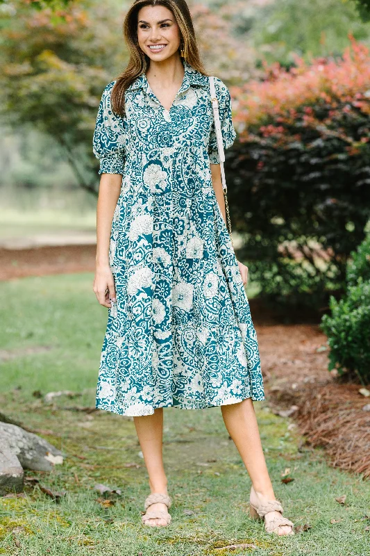 Unbeatable Prices Take You There Peacock Green Abstract Midi Dress