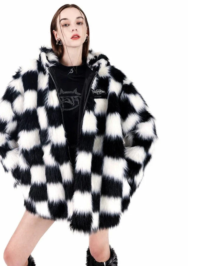 Get It Before It’s Gone PINKSPINK Checkered Faux Fur Jacket - Black and White