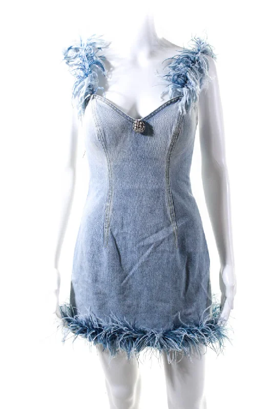 Price Slash Area Womens Frayed Denim Feather Embellished Sleeveless Mini Dress Blue