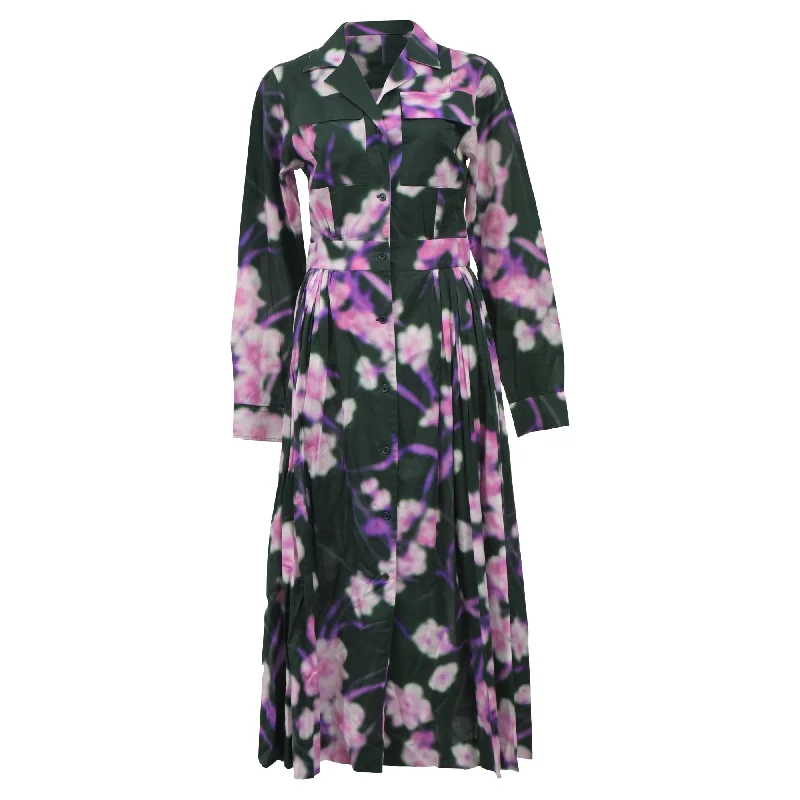 Inventory Reduction Dries Van Noten Blurry Floral Print Midi Shirt Dress in Multicolor Cotton