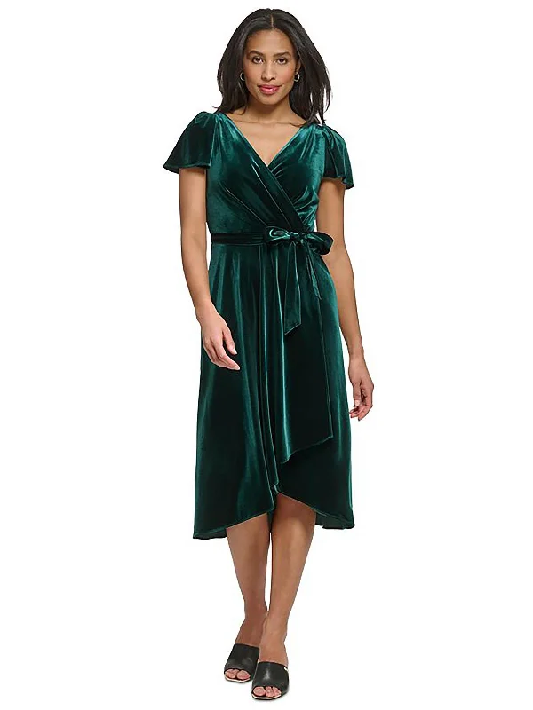 Super Deal Womens Velvet V-Neck Midi Dress