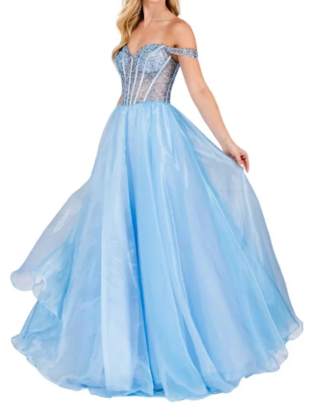 Price Slash Beaded Off Shoulder Organza Gown In Baby Blue