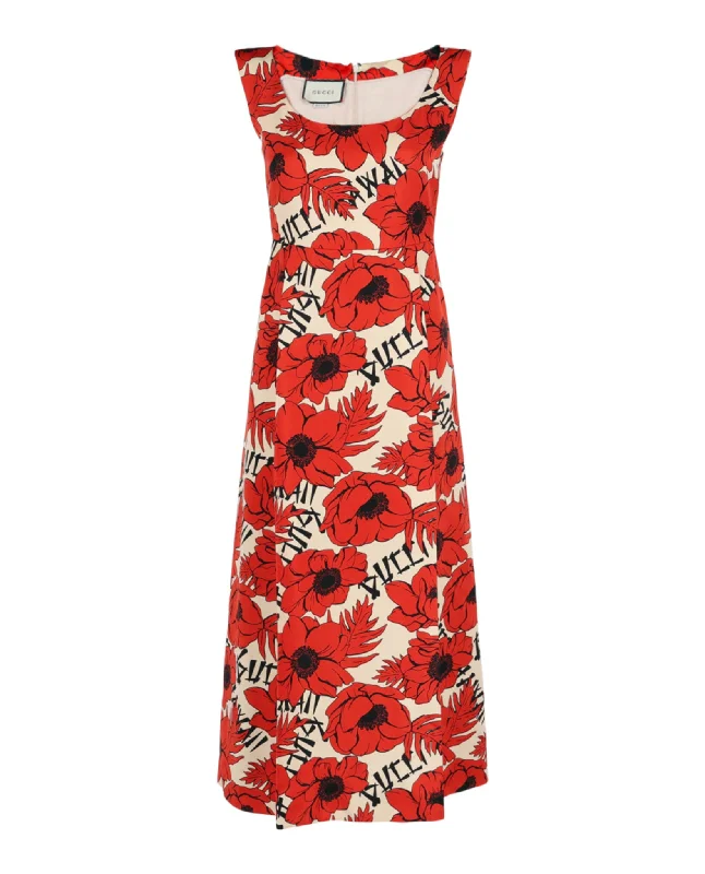 Mega Sale Flying Poppies-Print Silk Dress