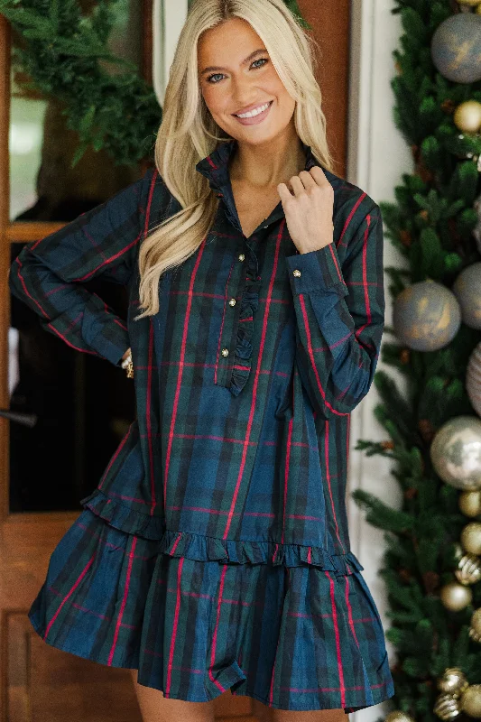 Savings Bonanza Looking For You Navy Plaid Babydoll Dress