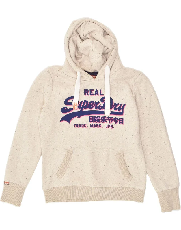 Bargain Prices SUPERDRY Womens Graphic Hoodie Jumper UK 14 Medium Beige Flecked Cotton